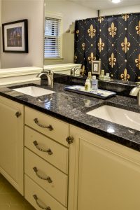 Louisville Kentucky Bath Renovation, Granite Vanity Top, Fleur de Lis Hardware, Fleur de Lis Shower Curtain, Brushed Nickel Faucets
