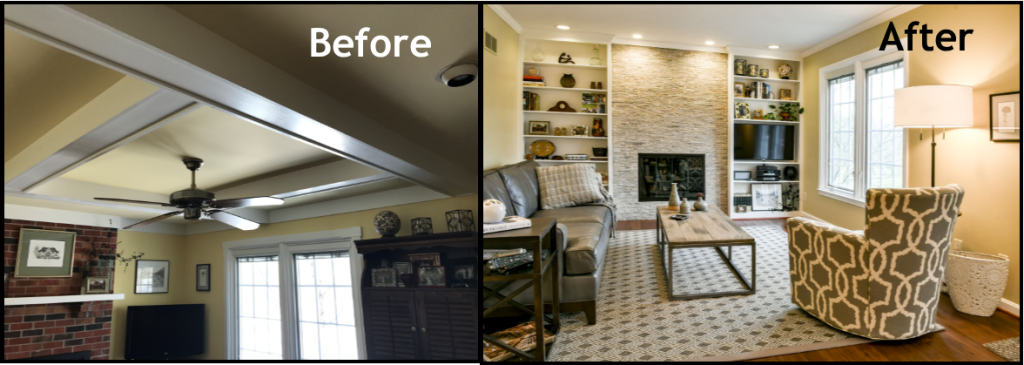 Louisville Kentucky Home Renovation, Great Room, Stacked Stone Fireplace, Electric Fireplace, Hand Scraped Hickory Floors, Great Room Renovation, Before and After