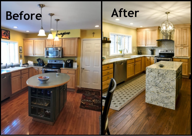 Louisville Kentucky Kitchen Renovation, Hand Scraped Hickory Floors, Before and After, Kitchen Island, Granite Counter Tops, Hood, Stainless Steel Appliances, Kitchen Island with Waterfall, Kitchen Island Lighting