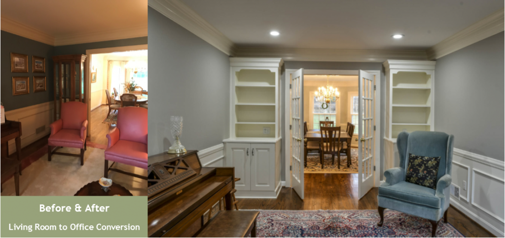 Louisville Kentucky Interior Design, Living Spaces By Lyn, Before & After, Hardwood Flooring, Area Rug, Custom Built In Shelves, Custom Built In Cabinets, French Doors, Home Office, Kim Falvey, Gray Paint, White Trim, Crown Molding, Wainscoting